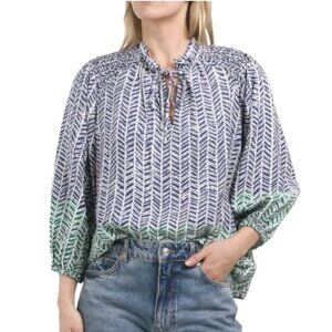 Shoshanna Milani Green Blue White Peasant Long Sleeve Blouse M NWT